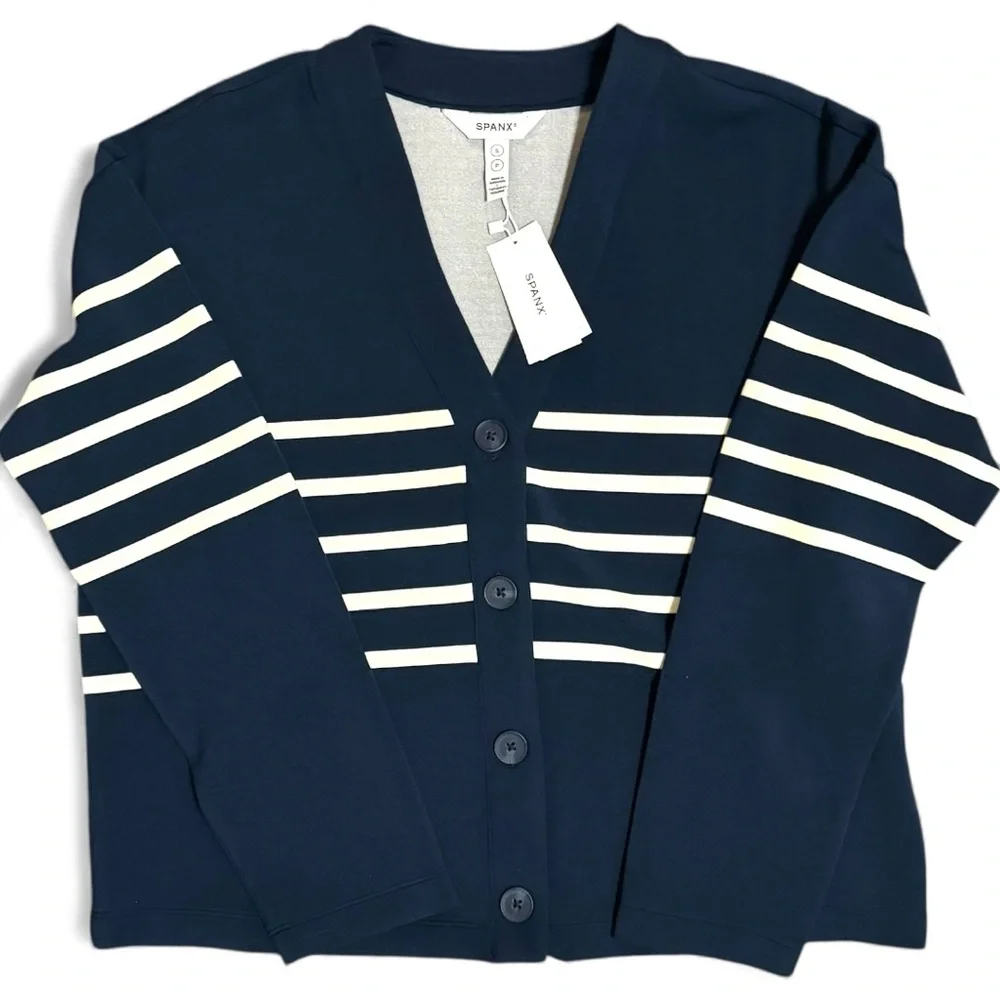 NEW SPANX AirEssentials Navy Blue White Striped Cardigan Athleisure Holiday Gift - Picture 4 of 9